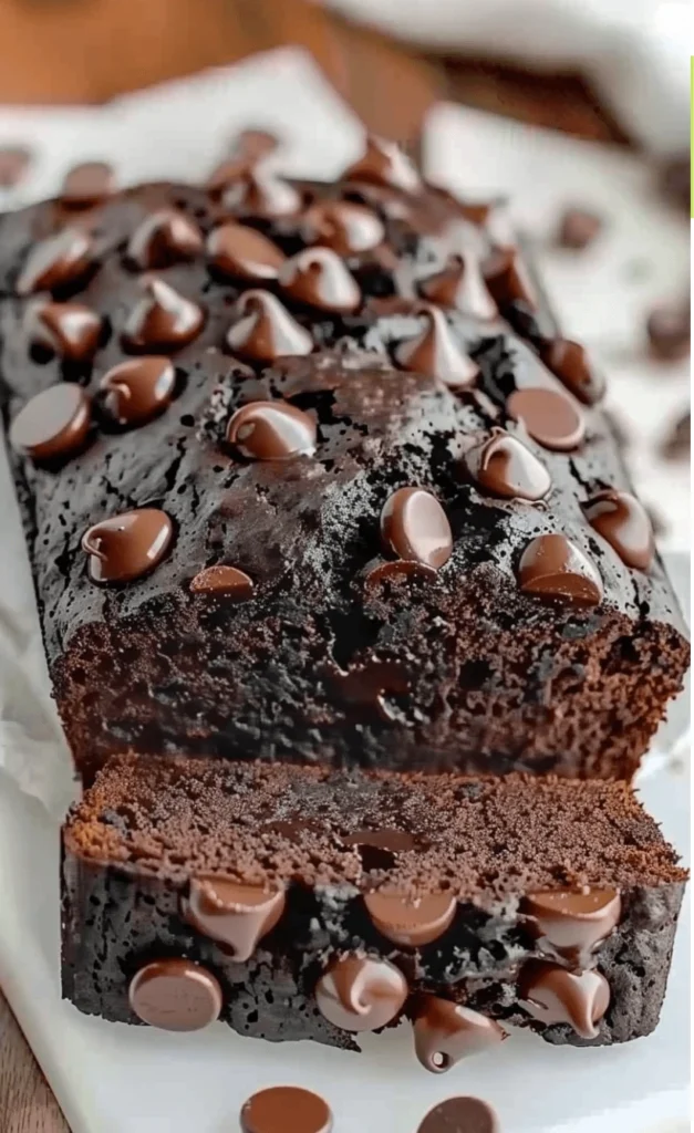 A thick slice of moist chocolate zucchini bread with flecks of green, resting on a rustic wooden board with extra slices and a small bowl of sour cream in the background.