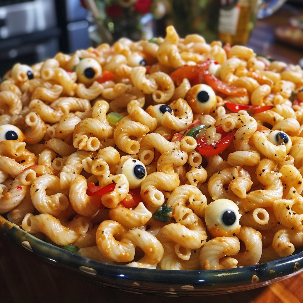 Halloween eyeball pasta salad with mozzarella eyeballs and olive pupils.