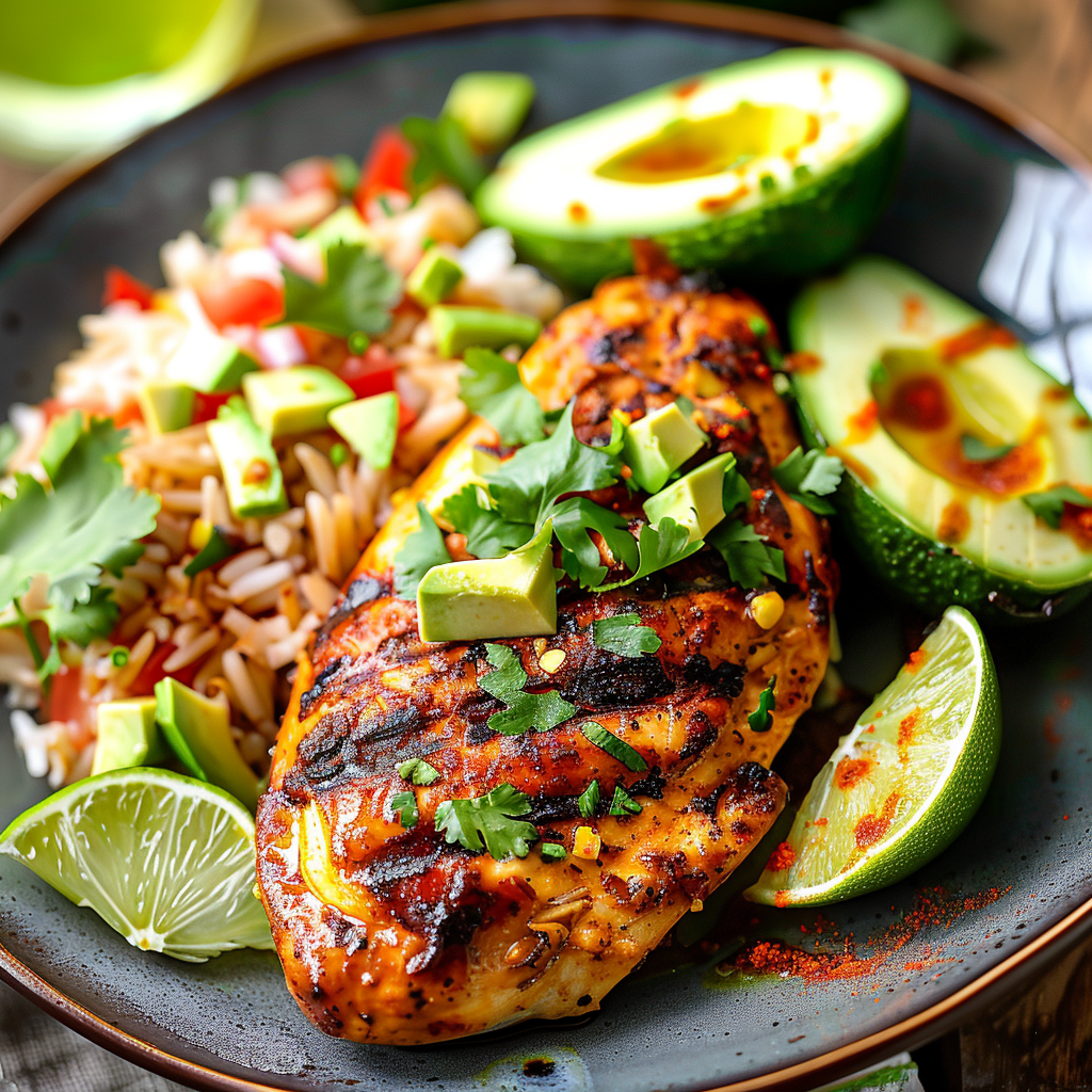 A plate of golden grilled Fiesta Lime Chicken topped with vibrant avocado salsa, with lime wedges and cilantro on the side.