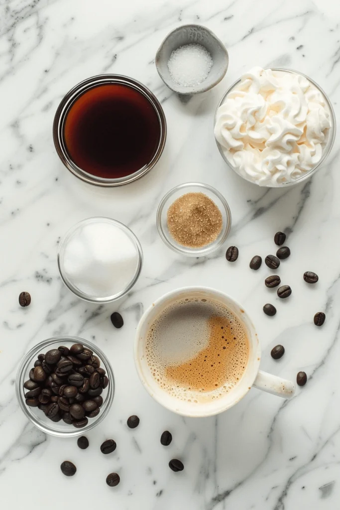 Fluffy Seagull Latte ingredients including espresso, milk, sugar, and vanilla