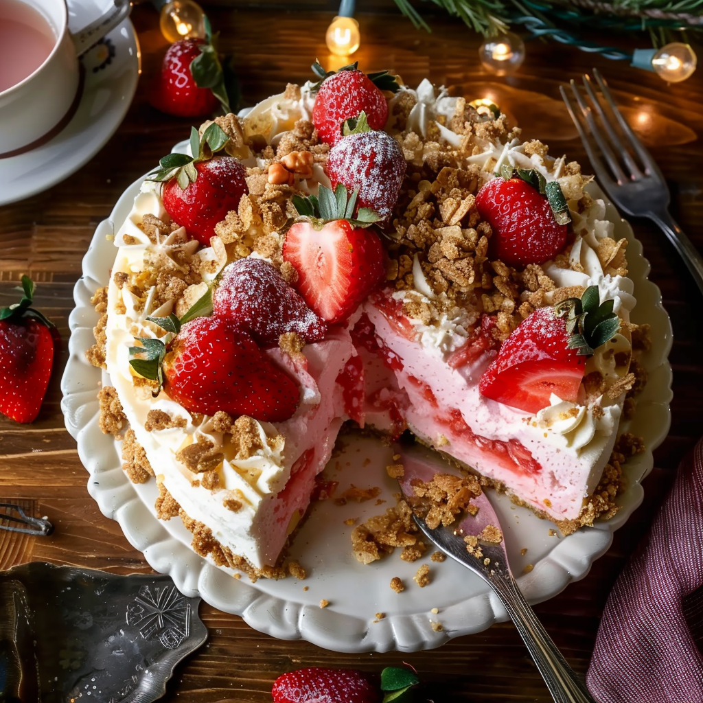Fresh Strawberry Crunch Cheesecake with creamy layers and crunchy strawberry topping