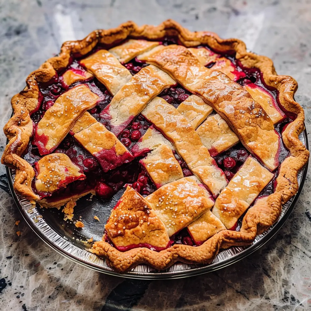 Golden-brown homemade fruit pie with lattice crust and juicy fruit filling