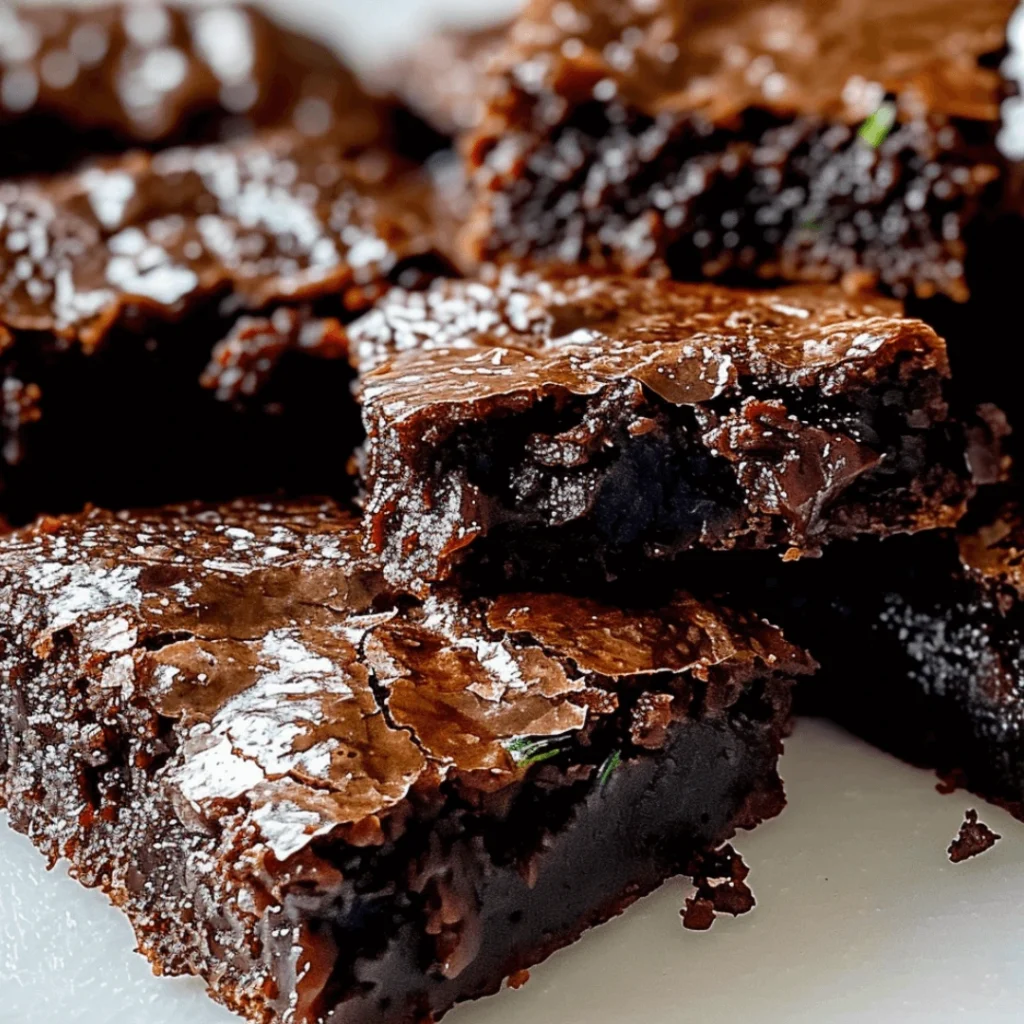 Fudgy chocolate zucchini brownies cut into squares on a wooden board.