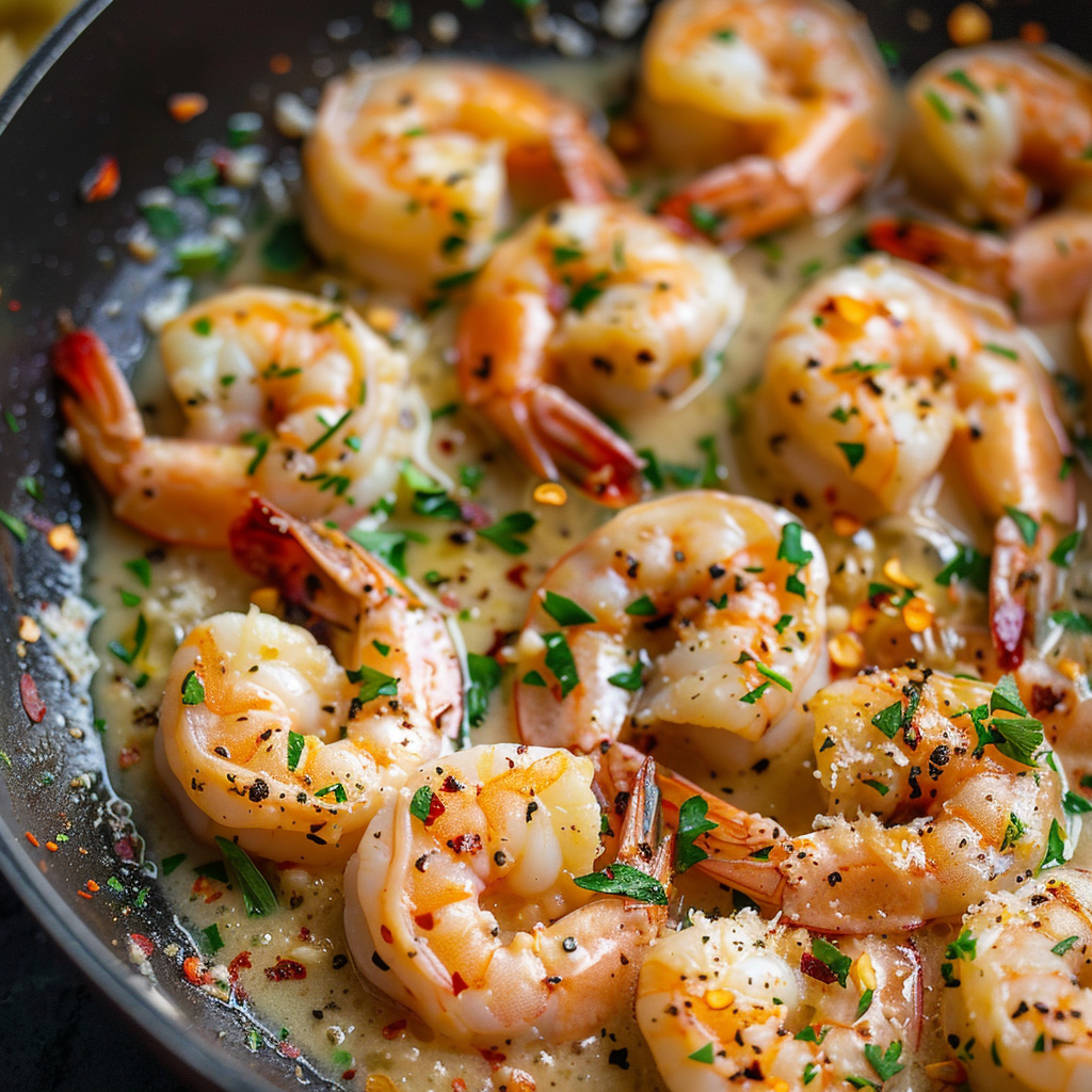 Garlic Parmesan Shrimp 1 Garlic Parmesan Shrimp in a skillet with parsley and cheese