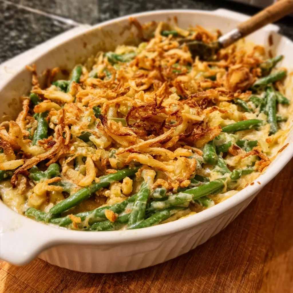 Green Bean Casserole with Potatoes: A Comforting Classic 1 Green bean casserole with potatoes topped with crispy fried onions.