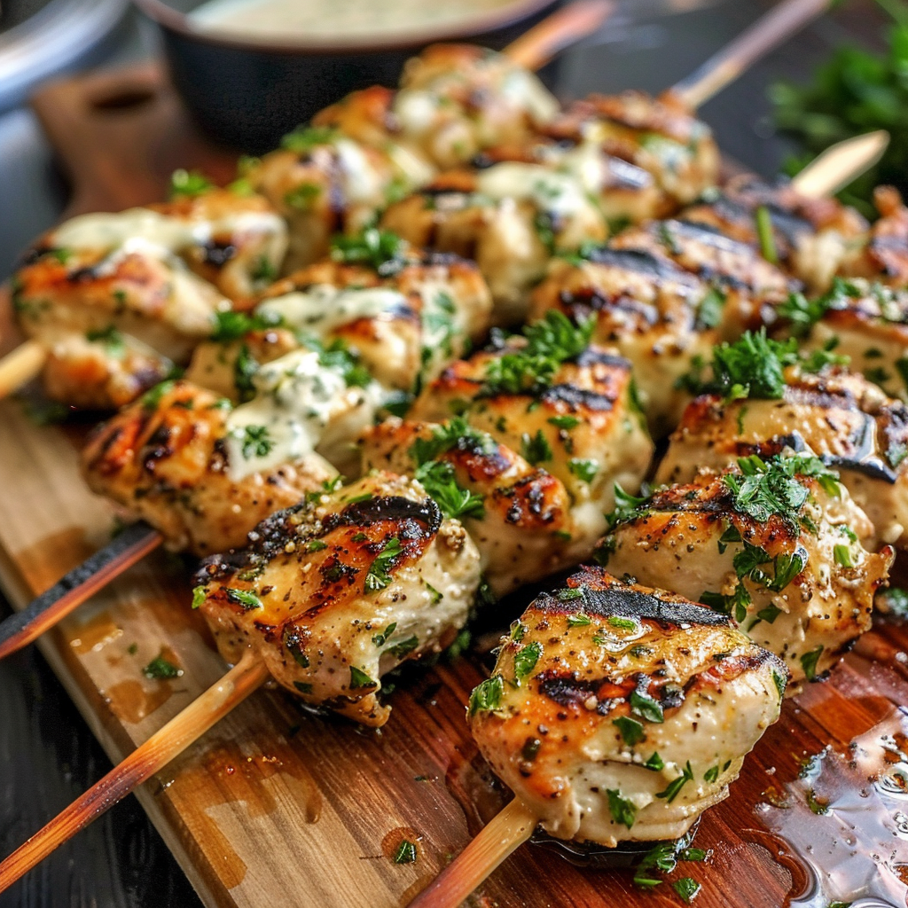 Golden grilled chicken skewers coated in creamy ranch garlic Parmesan, garnished with parsley.