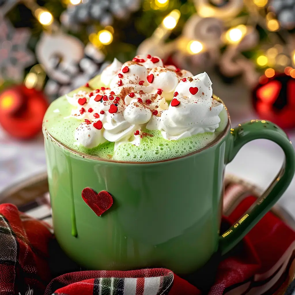 Festive Grinch Hot Chocolate topped with whipped cream and red heart sprinkle