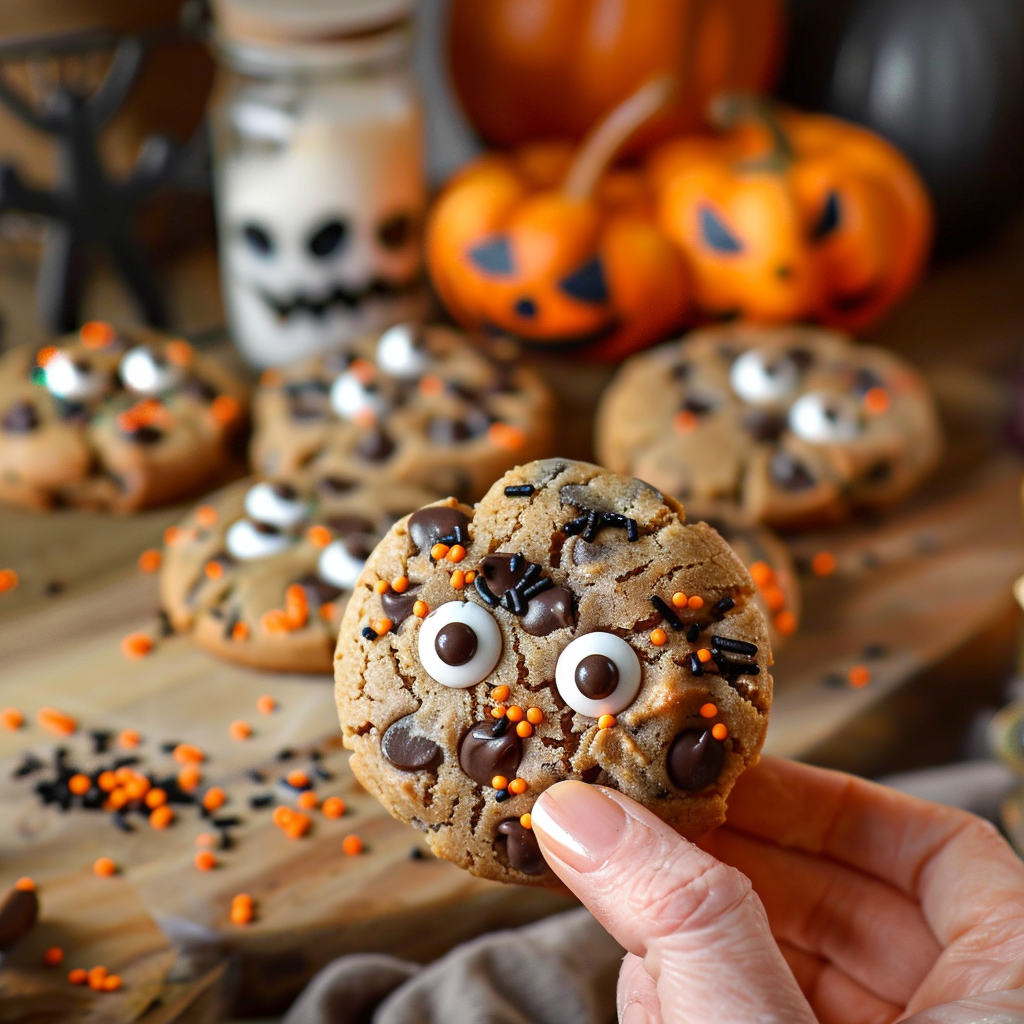 Chocolate chip cookies decorated with candy eyes and Halloween sprinkles in a cozy setting