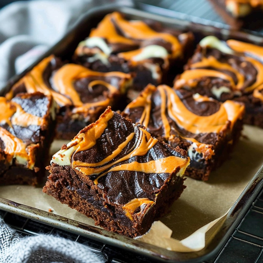 Halloween cream cheese swirl brownies with bright orange swirls in a dark chocolate base.