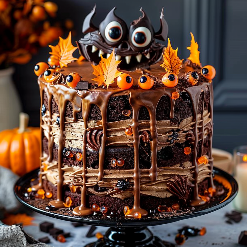 Spooky five-layer chocolate cake with bright orange buttercream and dark chocolate ganache dripping over the edge, Halloween decorations.