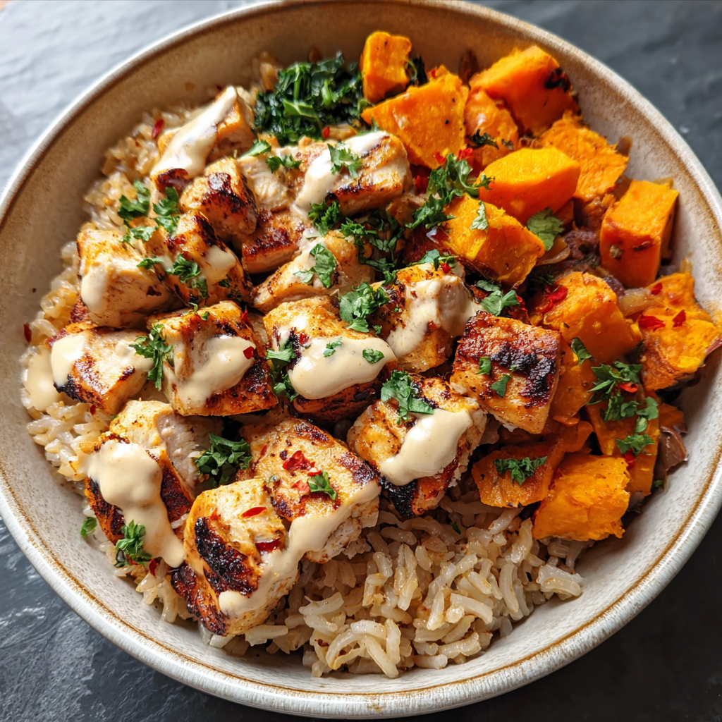 Healthy Chicken & Sweet Potato Rice Bowl 1 Healthy chicken and sweet potato rice bowl with vegetables and herbs