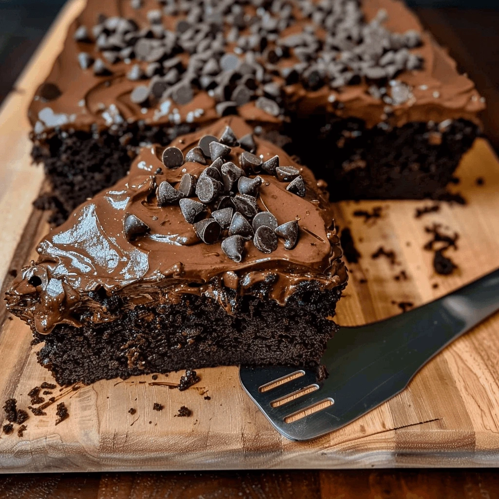 Slice of moist chocolate zucchini cake on a rustic plate with chocolate chips sprinkled around.