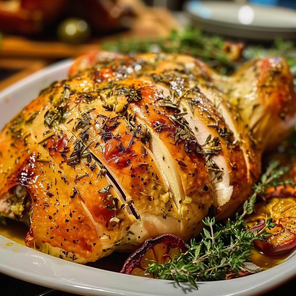 Herb butter roasted turkey breast with golden crispy skin and fresh herbs.
