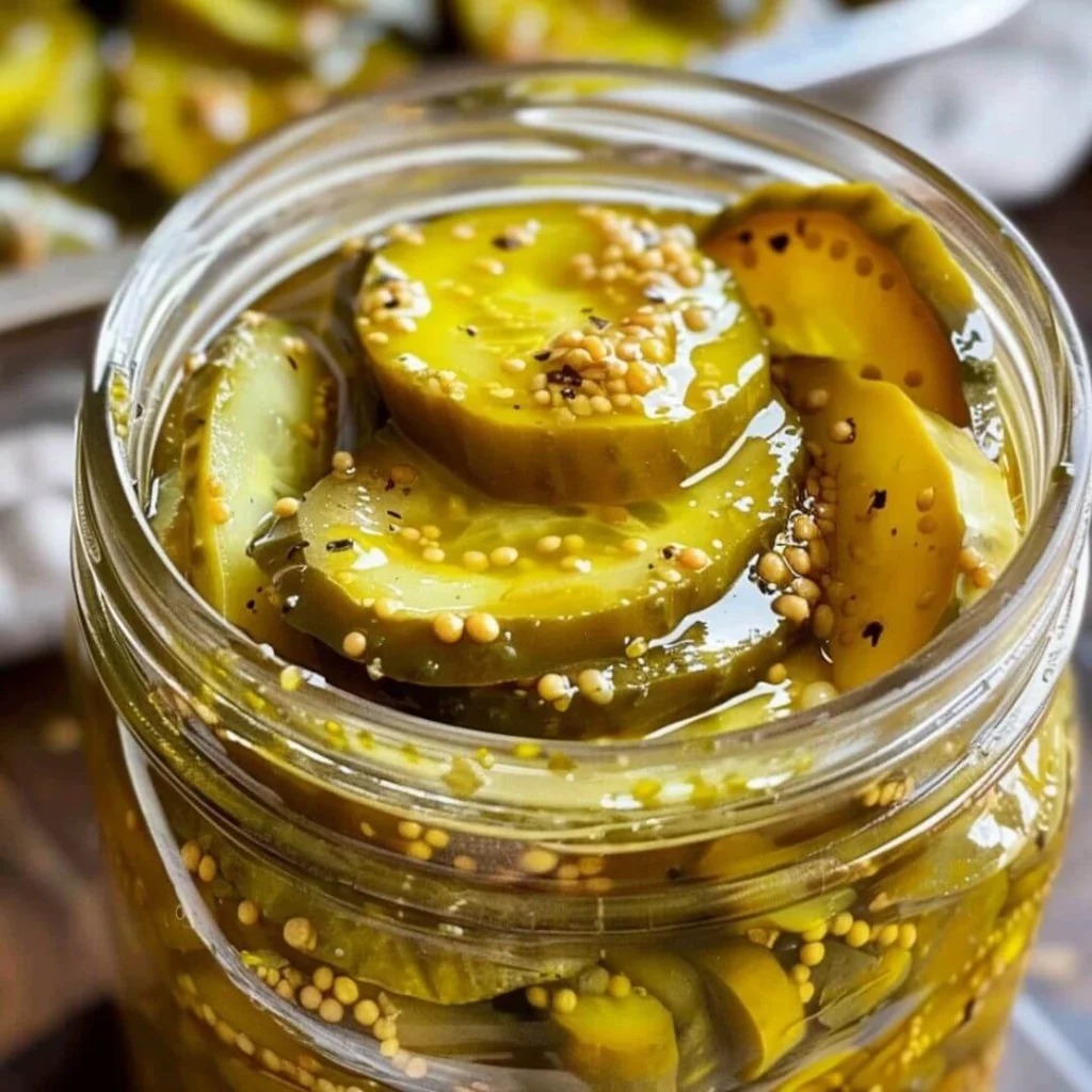 Jar of golden homemade bread and butter pickles with vibrant cucumber and onion slices