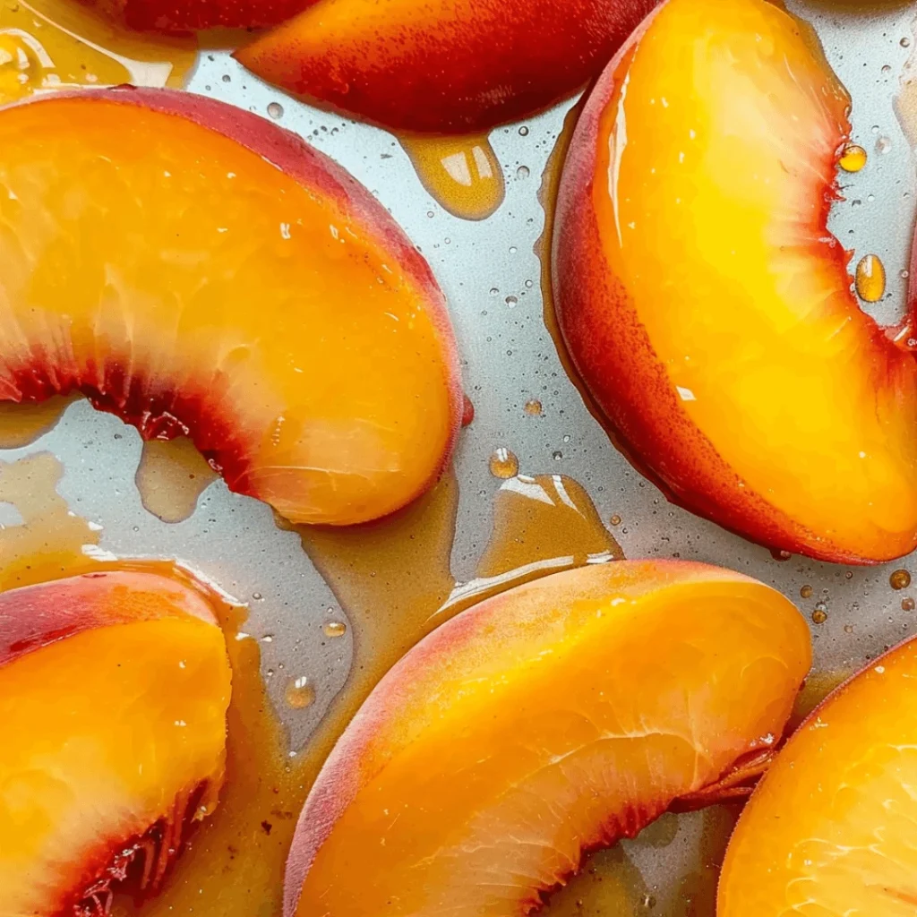 Frozen peach slices arranged on a baking sheet ready for storage.