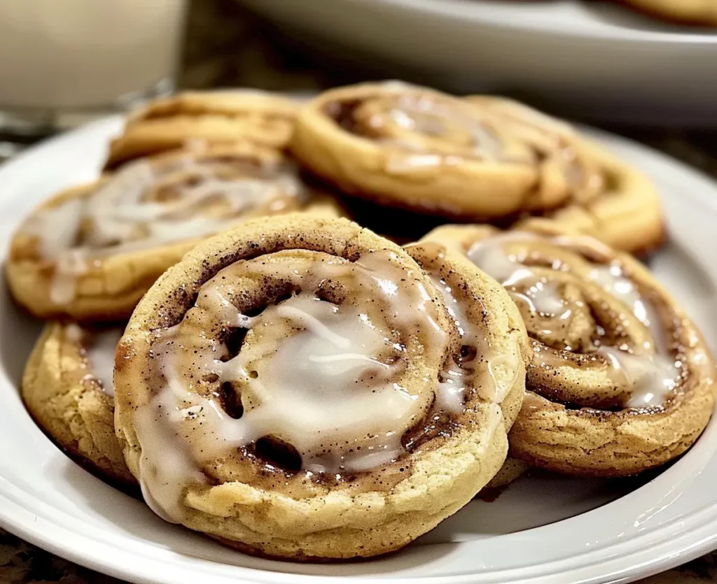 Warm cinnamon roll cookies with visible cinnamon-sugar swirls, on parchment paper set on a wooden board.