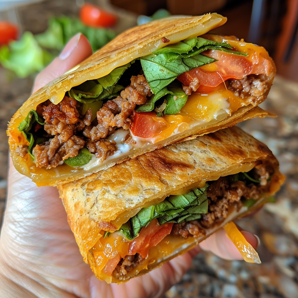 Low-carb keto crunchwrap cut in half showing layers of beef, cheese, and veggies on a rustic plate.