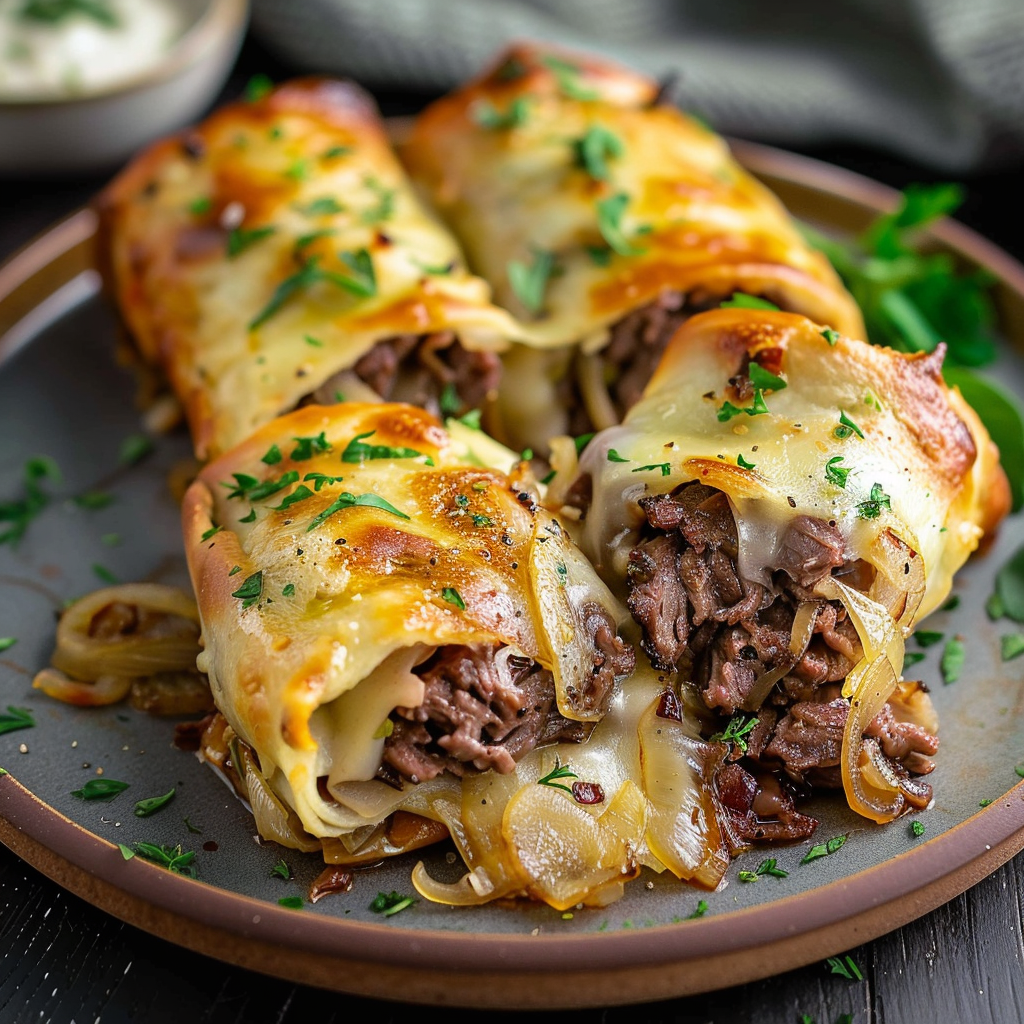Keto Philly cheesesteak rolls with melted cheese, beef, onions, and peppers.
