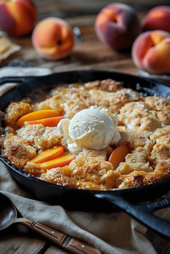 Lazy Southern dessert peach cobbler with ice cream