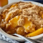 Lazy Southern peach cobbler with golden crumb topping in a white baking dish