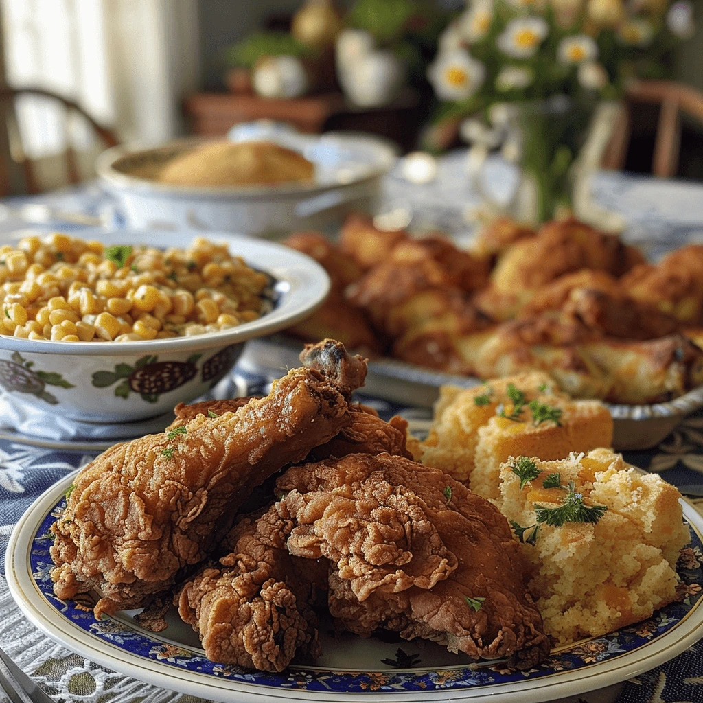 Lazy Southern recipes dinner table with fried chicken and cobbler