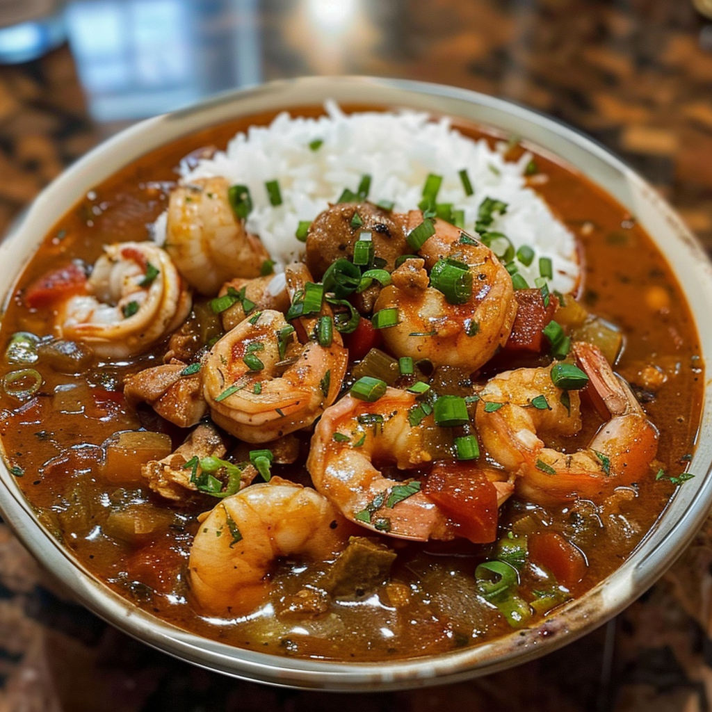 A hearty bowl of Louisiana seafood gumbo with shrimp, crab, and sausage served over rice.