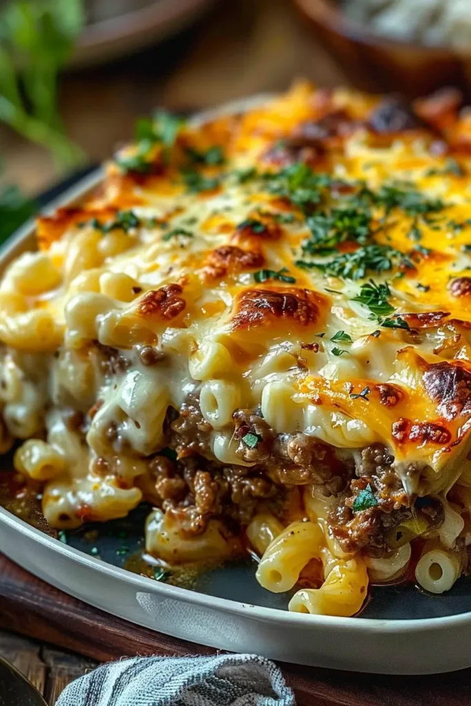 Mac and Cheese Meatloaf Casserole 1 Baking dish of mac and cheese meatloaf casserole with melted cheese top and visible meatloaf layer beneath, on a rustic wooden table.