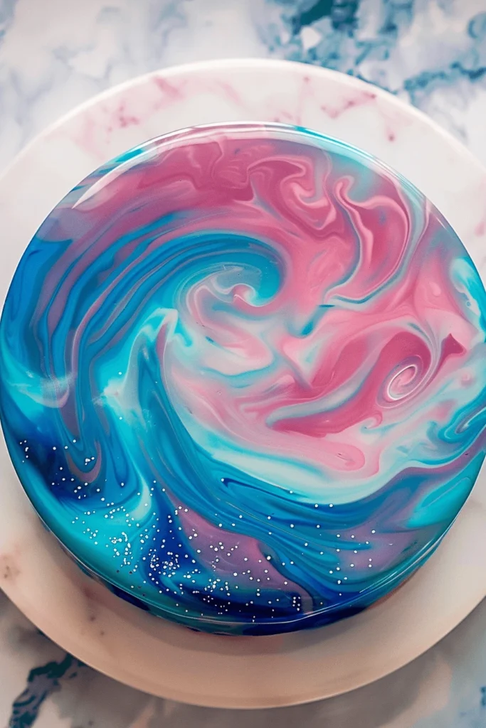 marble mirror glaze cake in pink and white tones