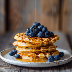 Moist low carb blueberry chaffles stacked with fresh blueberries and syrup