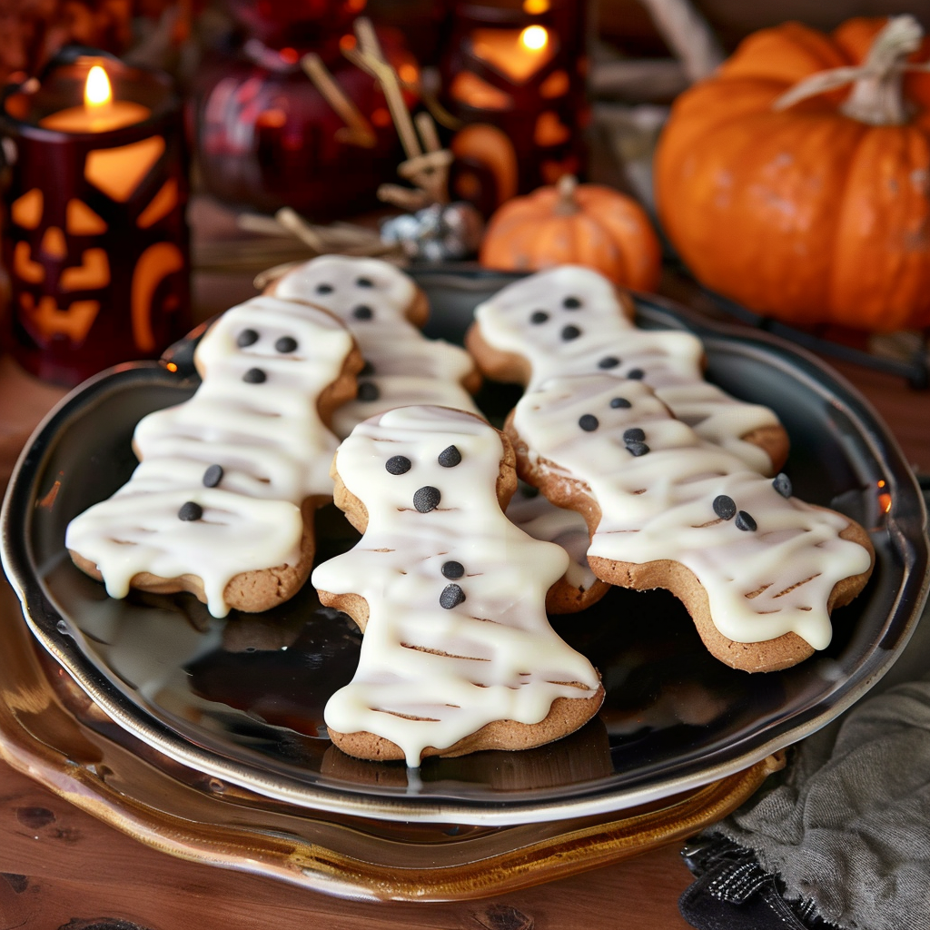 Nutty Ghosts: A Cozy, Kid-Friendly Halloween Treat 1 Ghost-shaped peanut butter cookies coated in white chocolate with little chocolate chip eyes, arranged on parchment paper.