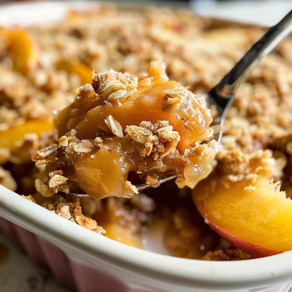 A cozy bowl of golden-topped peach crisp with a melting scoop of vanilla ice cream