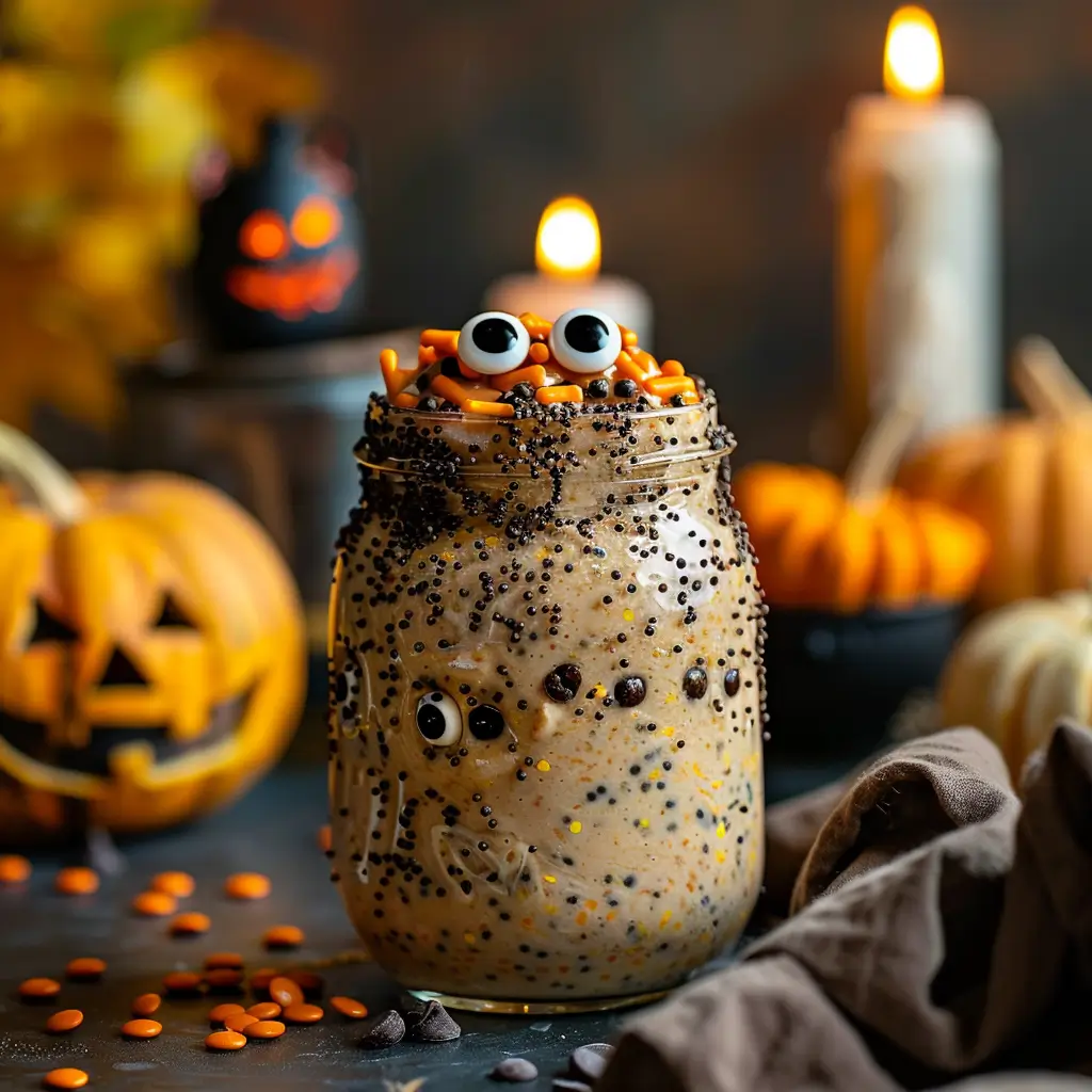 Peanut butter overnight oats in a jar with spooky Halloween toppings.