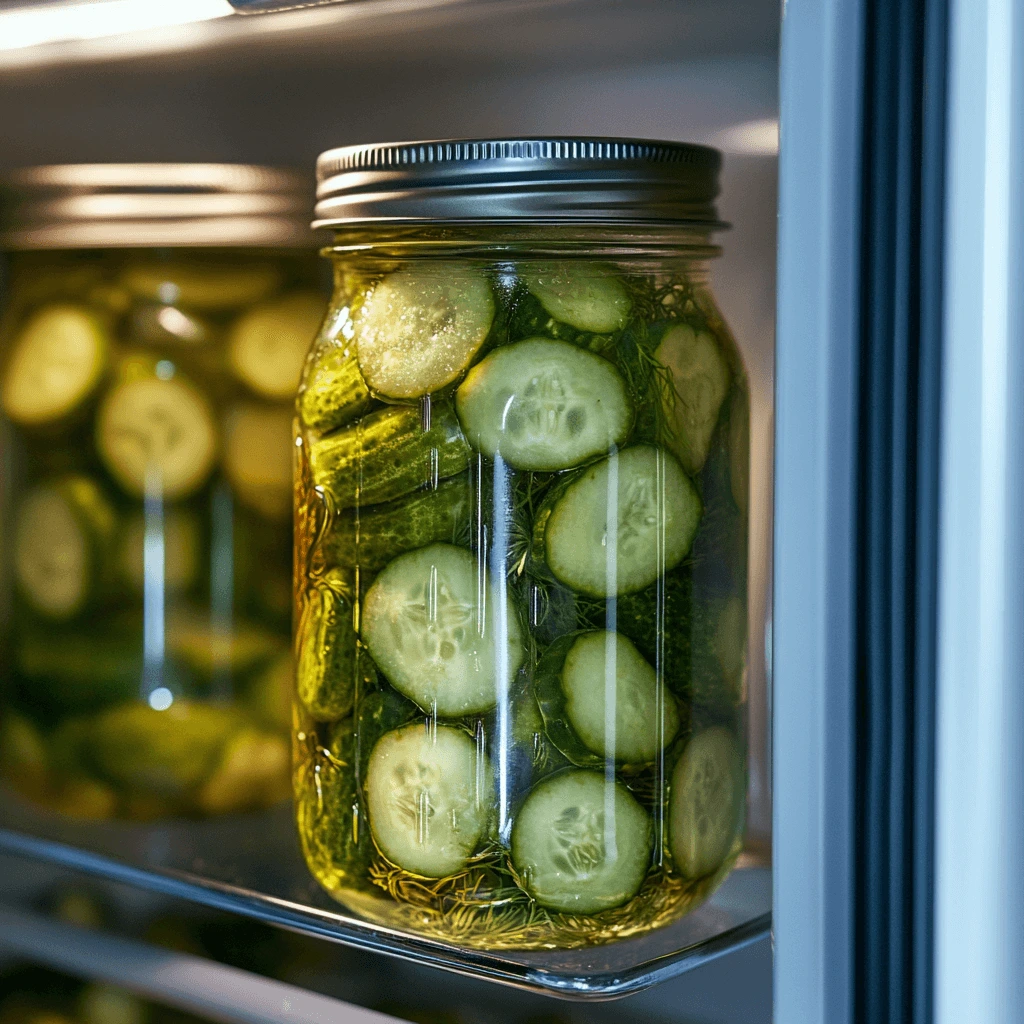 Pickles refrigerate in an open jar inside a cold fridge