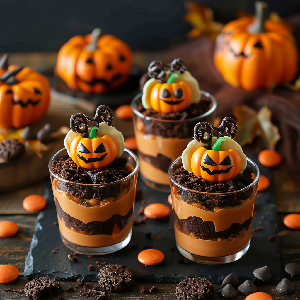 Pumpkin Patch Dirt Cups topped with candy pumpkins and green icing vines