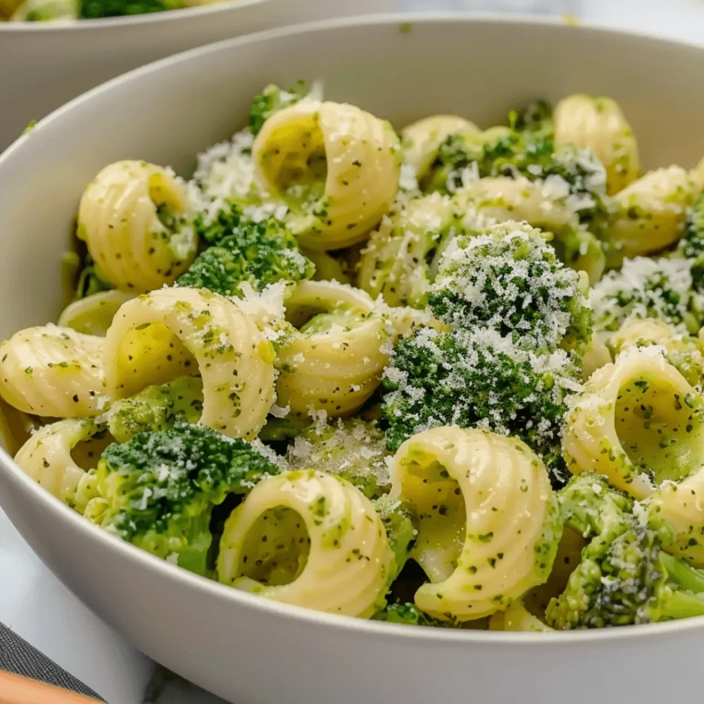 Bowl of healthy broccoli pasta with garlic and Parmesan cheese