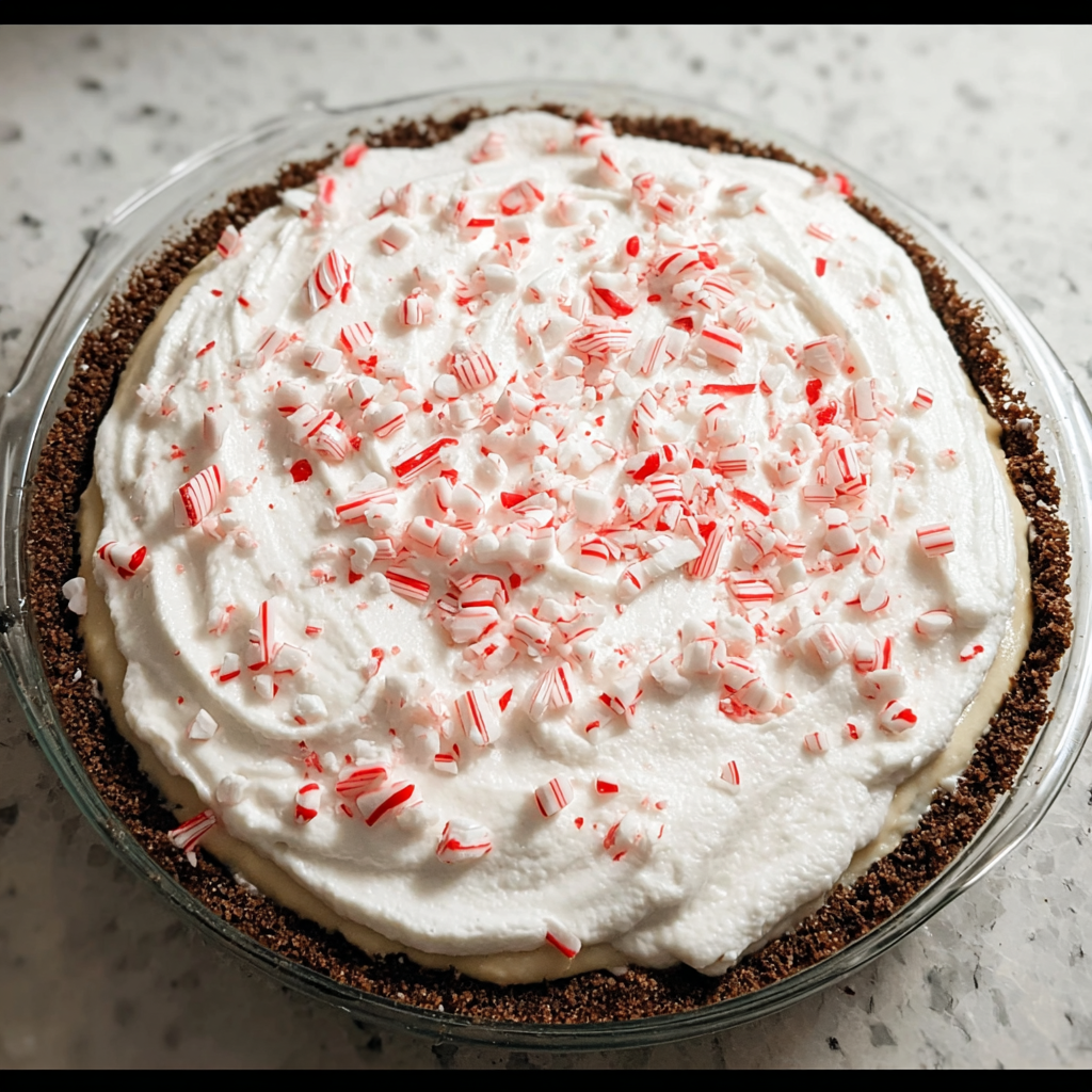 No-bake Christmas peppermint pie with chocolate crust and crushed peppermint topping on a holiday table