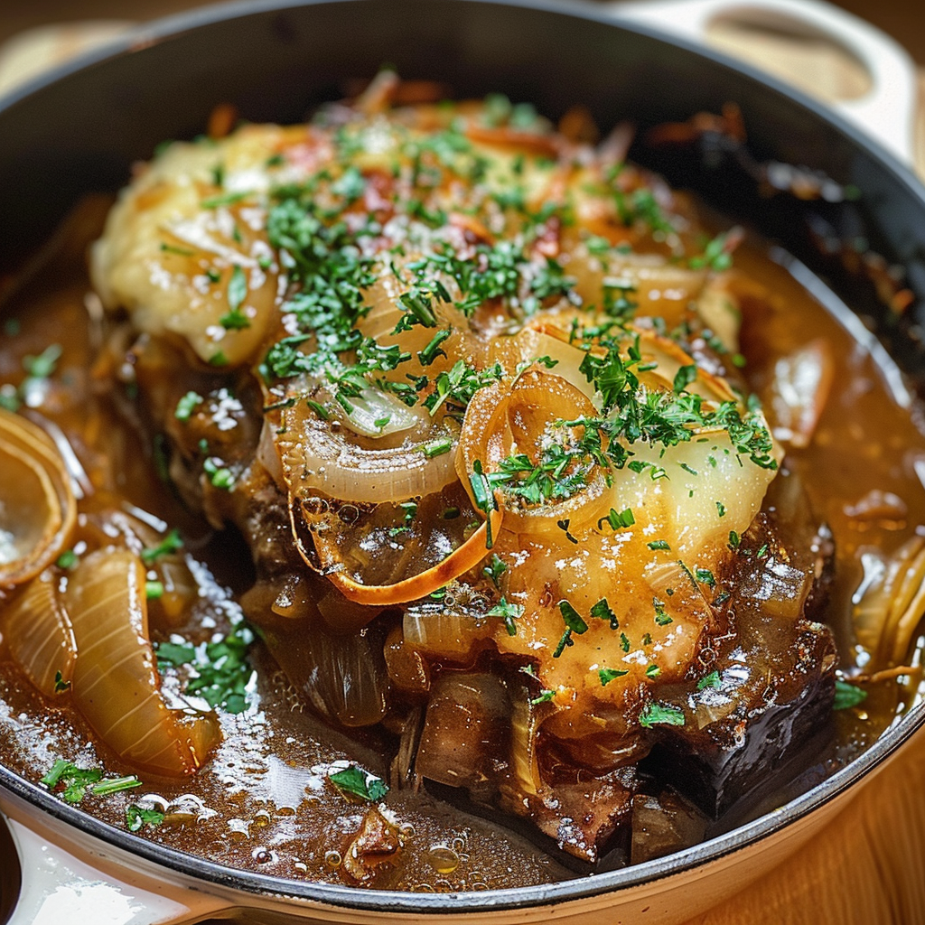 Savory French Onion Pot Roast Recipe for Comfort Food Lovers 1 Savory French Onion Pot Roast in a Dutch oven with caramelized onions