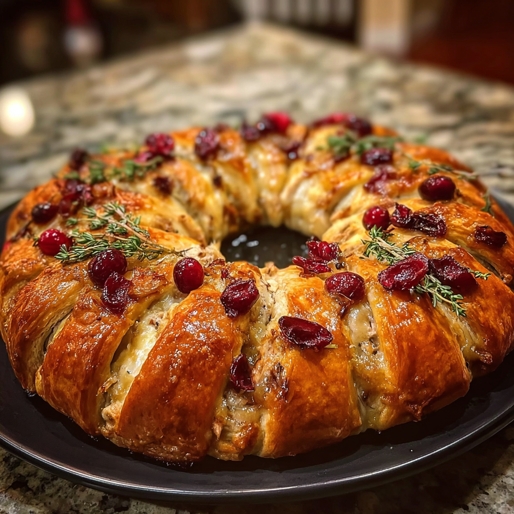 Savory Turkey and Cranberry Crescent Ring 1 Savory turkey and cranberry crescent ring baked golden brown