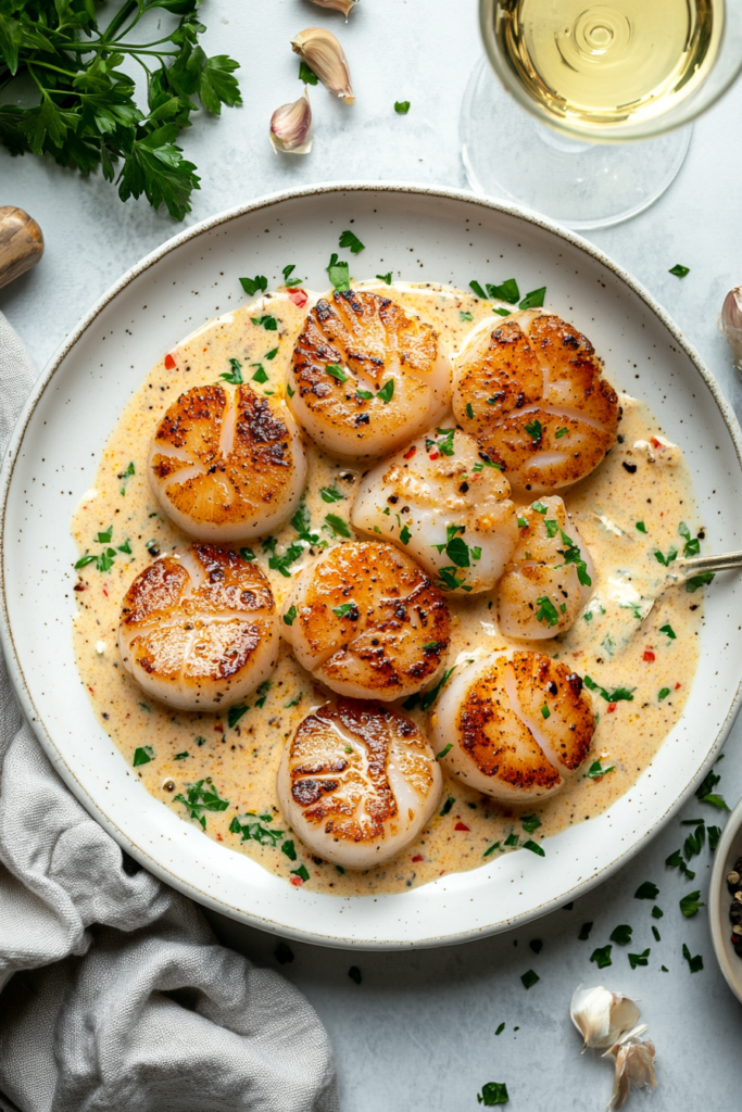 Seared scallops finished with spicy Cajun cream sauce