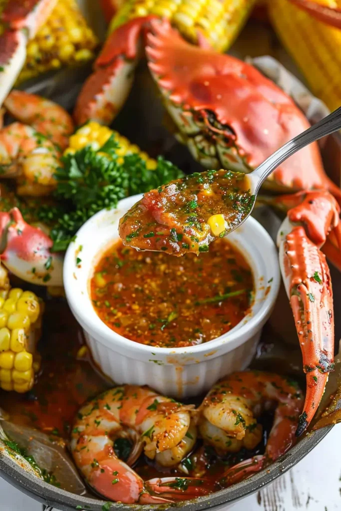 Seafood Boil Dipping Sauce 1 Warm bowl of seafood boil dipping sauce surrounded by crab legs, shrimp, corn, and parsley on a rustic wooden tabletop.