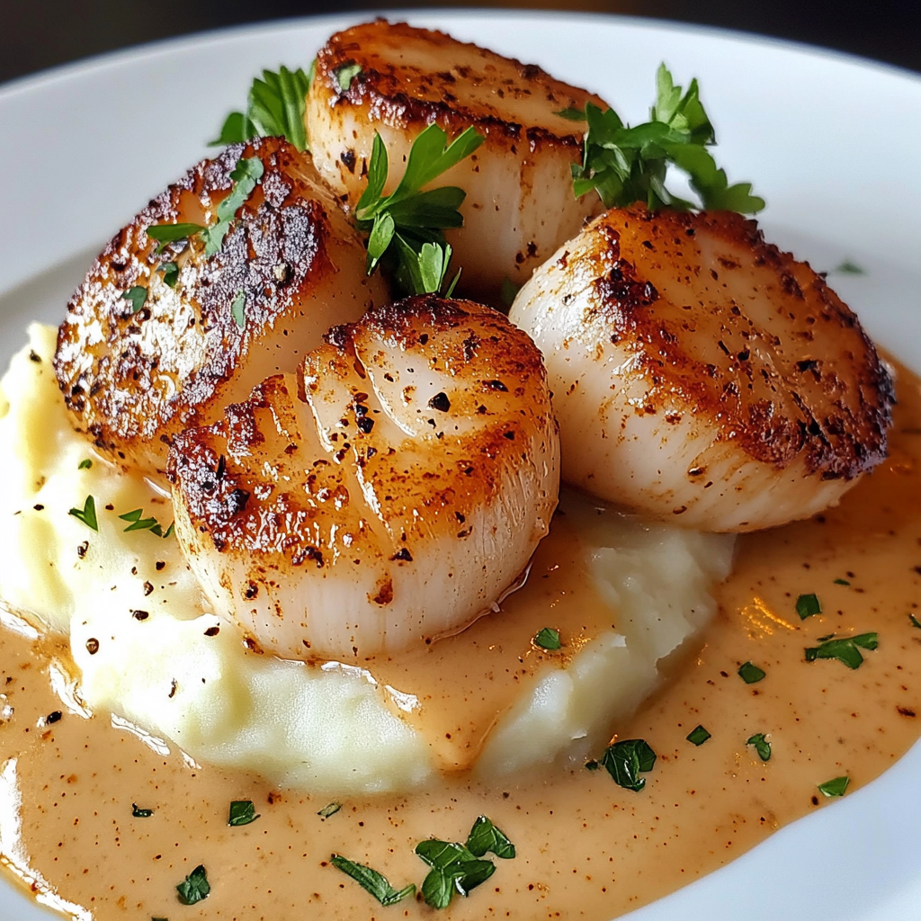 Seared scallops with spicy Cajun cream sauce on mashed potatoes