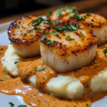 Seared scallops with spicy Cajun cream sauce plated for dinner