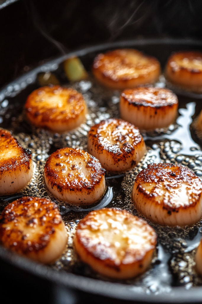 Seared scallops in cast-iron skillet