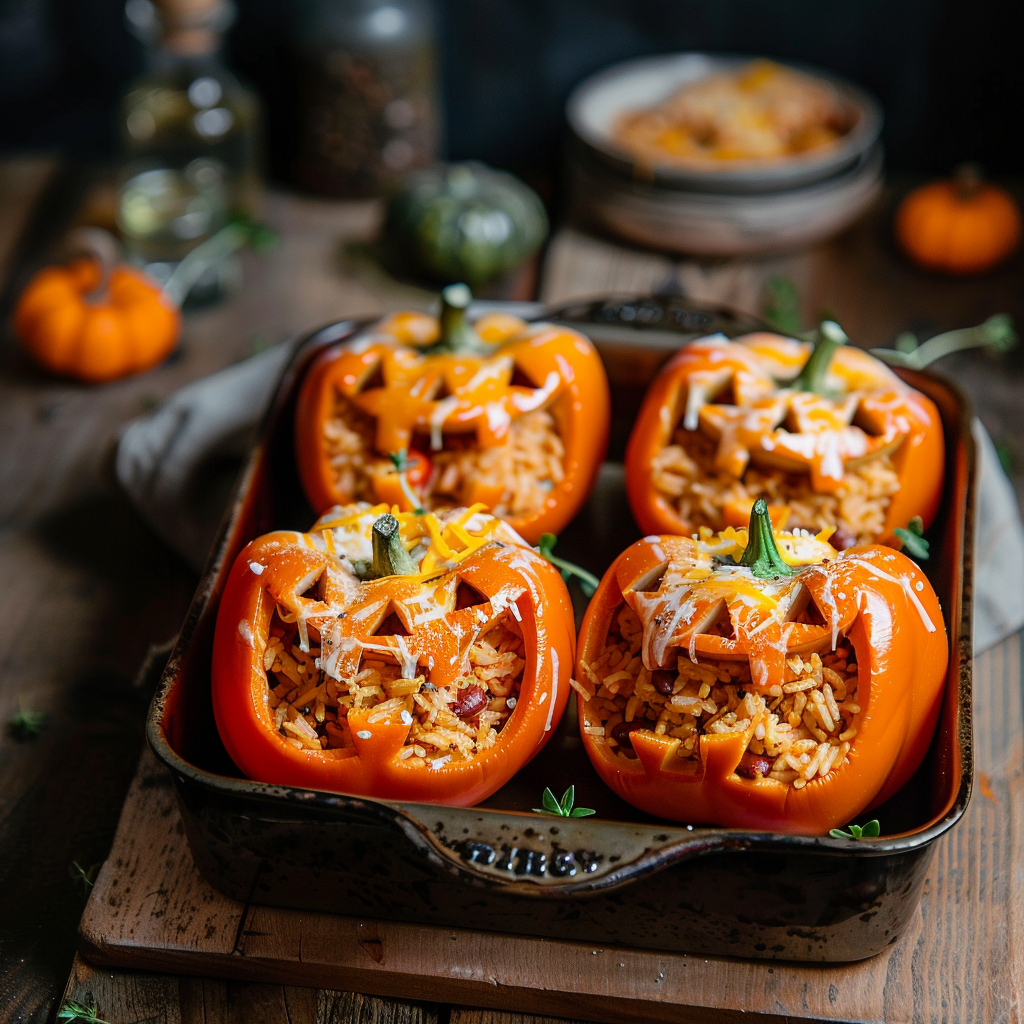 Jack-o’-lantern bell peppers filled with shredded chicken, rice, beans, and melted cheddar.
