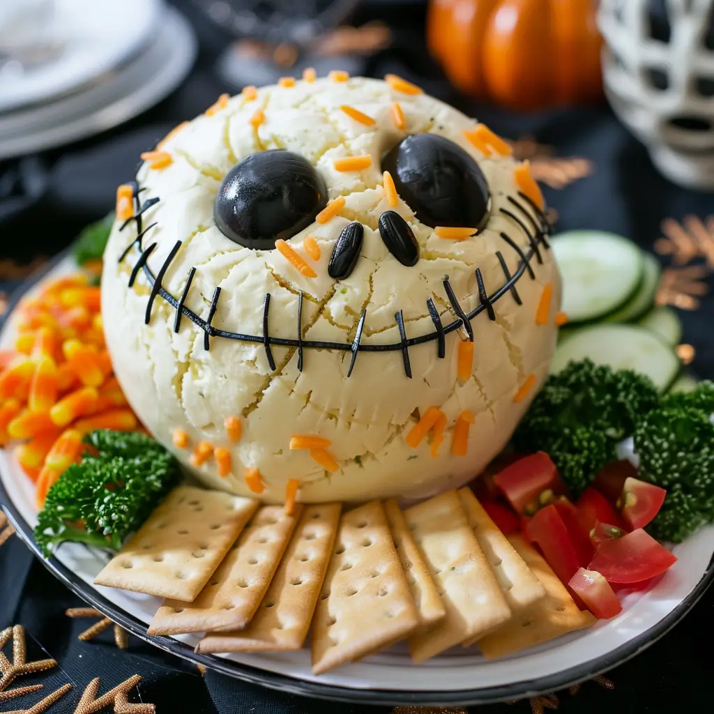 Skellington Cheese Ball Appetizer Recipe: A Spooky Party Favorite 1 Skellington cheese ball appetizer decorated like Jack Skellington with crackers and veggies.