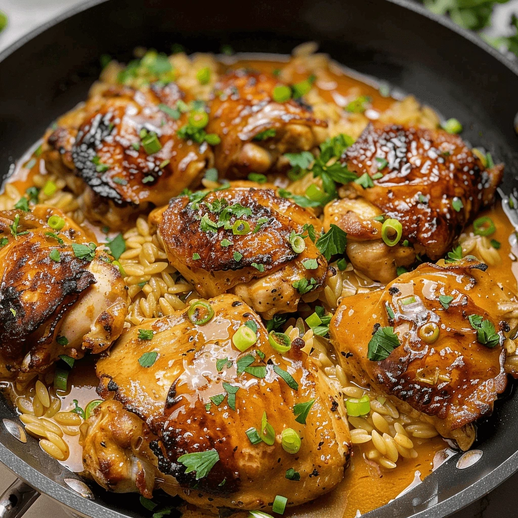 Skillet Bang Bang Chicken Thighs with Orzo & Fresh Parsley