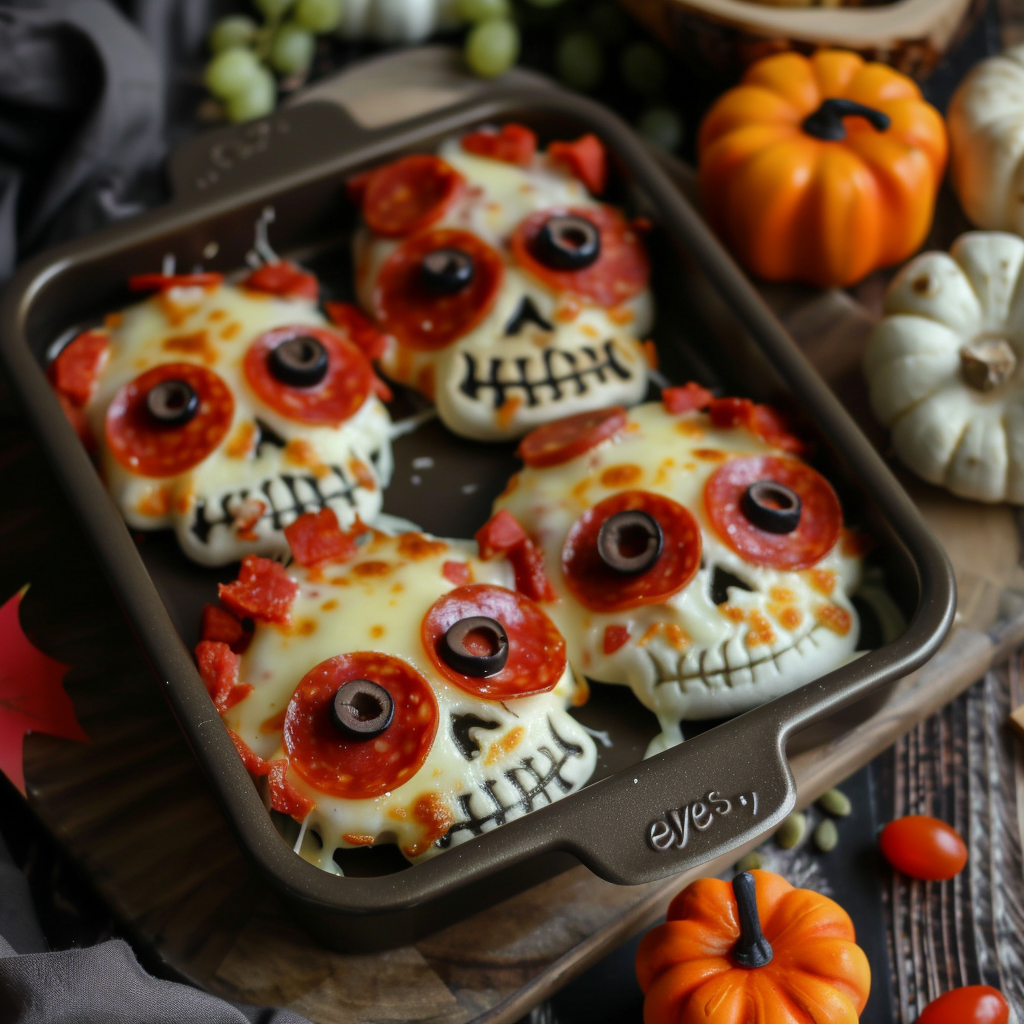 Spooky skull-shaped mini pizzas with melted cheese and pepperoni.