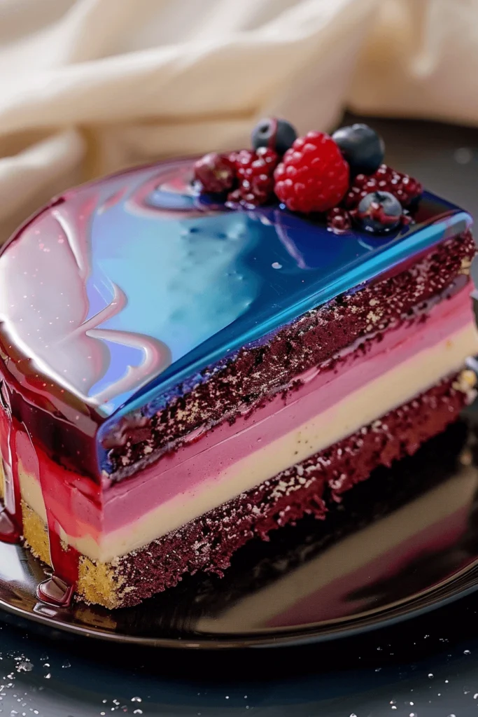 slice of mirror glaze cake with chocolate and berry mousse