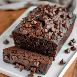 Several slices of chocolate zucchini bread arranged on a white ceramic plate, showcasing the moist, rich texture and chocolate chips inside.