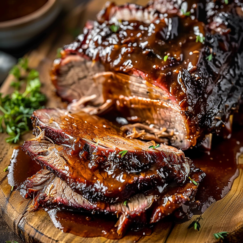 Tender slow cooker beef brisket sliced and served with sauce.